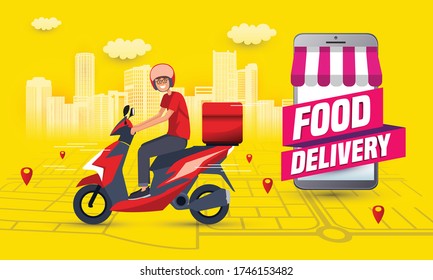 Online food order and food delivery service. Food delivery and fast food design for landing page, web, poster, flyer. Easy meal logistic with smartphone. Vector illustration.
