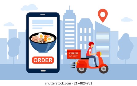 Online food order and food delivery service concept vector illustration. Asian food or noodle online ordering design for landing page, web, mobile app, poster, flyer.