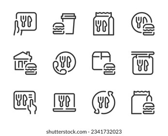 Online Food Order and Food Delivery Service vector line icons. Ordering Groceries, Takeaway and Meal Delivery outline icon set.