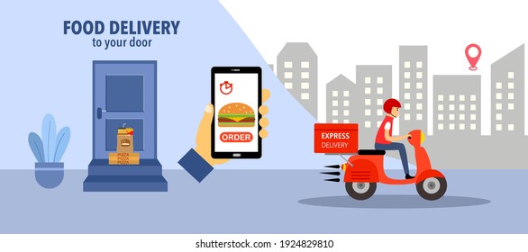 Online food order and food delivery to your door service. Uber eat, grab food, fast food design for landing page, web, poster, flyer. Ready meal logistic with city skyline background.