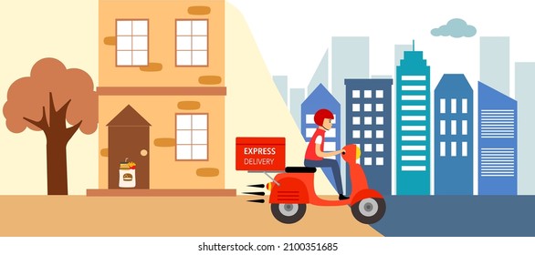 Online food order and food delivery to your door service. Fast food express design for landing page, web, poster, flyer. Ready meal logistic with city skyline background.