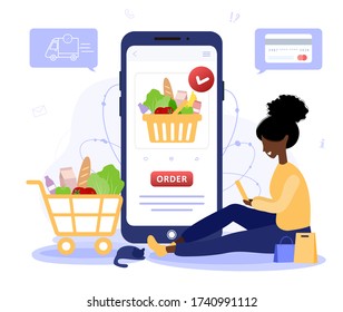 Online Food Order. Grocery Delivery. African Woman Shop At An Online Store. The Product Catalog On The Web Browser Page. Shopping Boxes. Stay At Home. Quarantine Or Self-isolation. Flat Style.