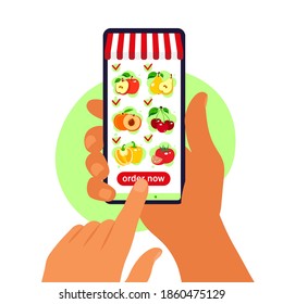 Online food order. Grocery delivery. Hand holding smartphone with product catalog on the web browser page. Stay at home concept. Quarantine or self-isolation. Flat style.