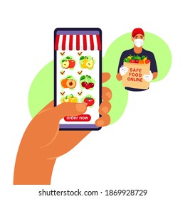 Online food order. Grocery delivery. Hand holding smartphone with product catalog on the web browser page. Stay at home concept. Quarantine or self-isolation. Flat style.