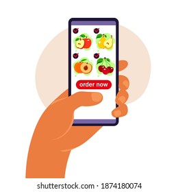 Online food order. Grocery delivery. Hand holding smartphone with product catalog on the web browser page. Stay at home concept. Quarantine or self-isolation. Flat style.