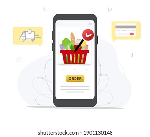 Online food order. Grocery delivery. The product catalog on the web browser page. Shopping boxes. Stay at home. Quarantine or self-isolation. Modern vector illustration in flat style