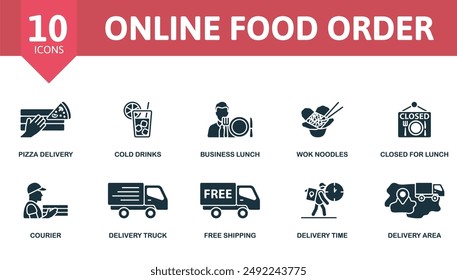Online Food Order icon set. Pizza Delivery, Cold Drinks, Business Lunch, Wok Noodles, Closed For Lunch, Courier, Delivery Truck, Free Shipping, Delivery Time, Delivery Area icons.
