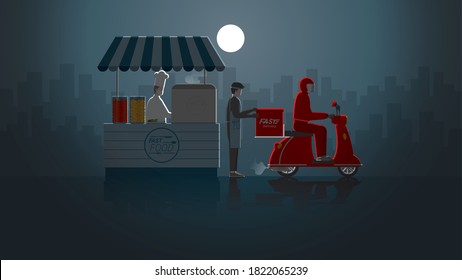 Online food order lifestyle. Delivery man on motorcycle express deliver from kiosk shop at night in the dark and full moon light. City life of work hard overtime and overwork 24 hours service. Vector.