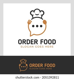 Online food order logo with bubble chat icon vector and hat chef concept design for catering logo template