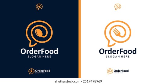 Vetor de logotipo de ordem de alimentos online. Bate-papo bolha com ícone de garfo colher estilo de linha de design. Modelo de design de logotipo de entrega online de restaurante