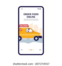 Online Food Order Mobile App On Phone Screen With Driver In Medical Mask Driving A Yellow Van. Safe Food Delivering Service Onboarding Banner On Smartphone, Vector Illustration.