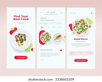 Online Food Order Mobile App UI Including as Login, Choice Dishes, Description Screen Against Pink Background.