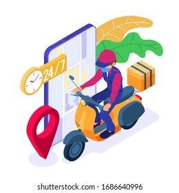 online food order and package delivery service. food shipping isometric courier in mask pandemic quarantine protection covid-19 with package and scooter. isometric vector illustration