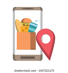 Online food order from smartphone hamburger cheese soda and milk in paper bag with location pin vector illustration graphic design
