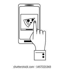 Online food order from smartphone hand touching pizza box on screen vector illustration graphic design