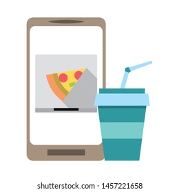 Online food order from smartphone pizza and soda symbols vector illustration graphic design