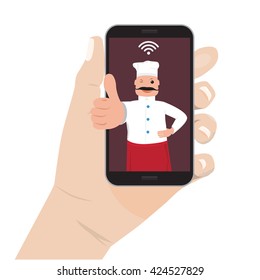 Online food order theme. Mobile application for restaurant and cafe. Hand holding Moble smart phone and chef cook showing ok. 