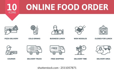 Conjunto de ícones de linha fina da Ordem de Alimentos Online. Entrega de Pizza, Bebidas Frias, Almoço de Negócios, Macarrão de Trabalho, Fechado para Almoço, Courier, Caminhão de Entrega, Frete Gratuito, Tempo de Entrega, Ícones da Área de Entrega.