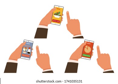 Online food order vector concept illustrations set with human hand holding a mobile phone and choose a sushi, pizza or salad.