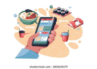 Online food order via phone vector illustration. Smartphone app with menu flat style. Online shopping, delivery service, takeaway concept