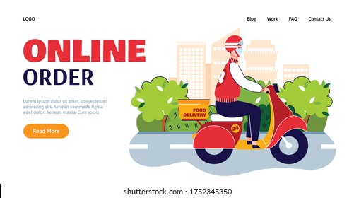 Online food order website banner with delivery courier in mask riding a scooter. Landing page template with cartoon man safely delivering package, vector illustration.