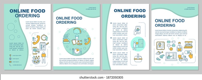 Online food ordering brochure template. Delivery service at home. Flyer, booklet, leaflet print, cover design with linear icons. Vector layouts for magazines, annual reports, advertising posters