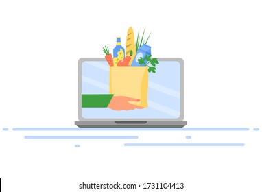 Online food ordering concept.
Delivery of products online. Hand with food package on laptop screen. Food purchase through the Internet. Vector illustration.