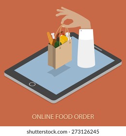 Online Food Ordering Concept Flat Isometric Vector Illustration of Hand With Bag of Foods Appeared From Smartphone or Tablet.