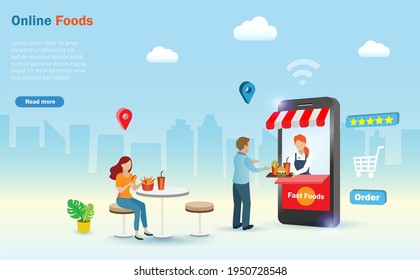 online food ordering concept. Man online ordering fast foods from woman chef in foods application on smart phone. Landing page, template.