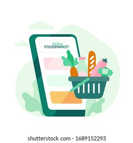 Online food ordering, food delivery concept illustration with food basket and smartphone.