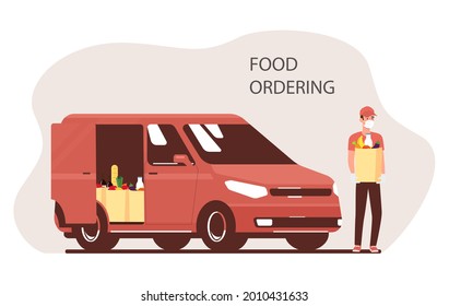 Online food ordering and delivery. Courier and cargo van. Vector illustration.