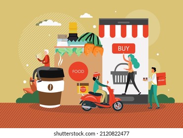 Online Bestellung und Lieferung von Lebensmitteln, Vektorgrafik. Kurierdienst für die Verpflegung. E-Commerce.