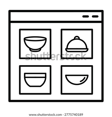 Online food ordering or digital restaurant menu layout line icon with bowl and cloche symbols restaurant delivery