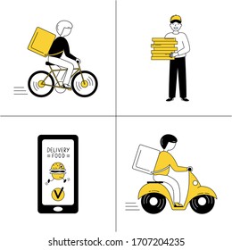 Online food ordering. Fast food delivery by courier. A male cyclist/motorcyclist carries the ordered food. Vector hand-drawn illustration.