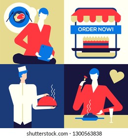 Online food ordering - flat design style colorful illustration. High quality unusual composition with a young woman choosing meals on a website using tablet, eating at home, chef carrying a dish