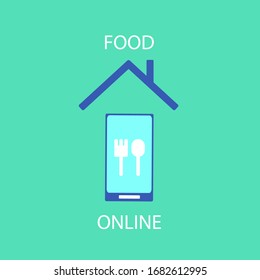 Online food ordering at home. Express delivery. Image of a house roof, fork and spoon on a smartphone screen