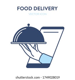 Online food ordering icon. Vector concept illustration of mobile smartphone screen with a metal tray with food in the hand. Represents a concept of online food ordering. Can be used as a logo