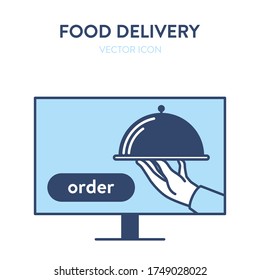 Online food ordering icon. Vector concept illustration of computer monitor screen with a metal platter of food in the hand and order text button. Represents a concept of online food ordering