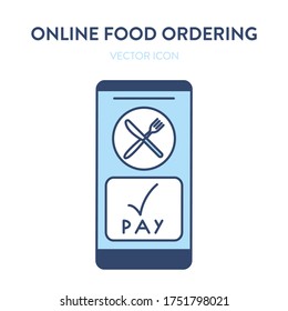 Online food ordering icon. Vector concept illustration of mobile smartphone screen with a knife and fork symbol and payment image. Represents a concept of online food ordering. Can be used as a logo