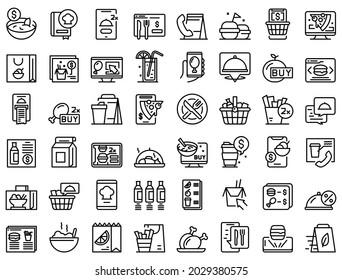 Online food ordering icons set outline vector. Delivery drink. Tasty away food