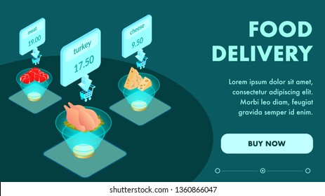 Online Food Ordering Isometric Web Page Template. Realistic Meat Products Delivery Typography with Text Space. Price Tags, Shopping Carts. Internet Store Purchase Steps. Buy Now Call to Action Button