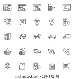 Online food ordering line icons set. Food delivery linear style symbols collection, outline signs pack. vector graphics. Set includes icons as mobile shopping, delivery tracking, 24 hours call service
