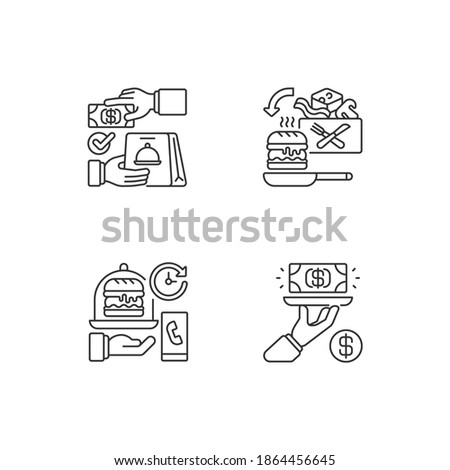 Online food ordering linear icons set. Cash on delivery. Cooking-for-yourself thing. Gratuity charge. Customizable thin line contour symbols. Isolated vector outline illustrations. Editable stroke