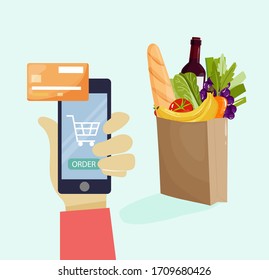 Online food ordering from supermarket. Paper bag with fresh grocery products.  Online store concept. Vector illustration.