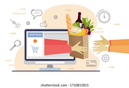 Comida en línea en el supermercado. Bolsa de papel con productos frescos.  Concepto de tienda en línea, comercio electrónico, iconos de línea y símbolos. Ilustración vectorial.