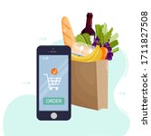 Online food ordering from supermarket using mobile app. Smartphone screen with order button and paper bag icon full of products. Online store concept for infographics, web design. Vector illustration.