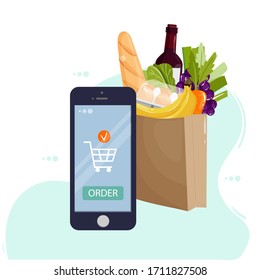 Online food ordering from supermarket using mobile app. Smartphone screen with order button and paper bag icon full of products. Online store concept for infographics, web design. Vector illustration.