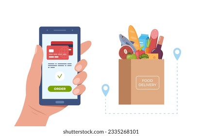 Online food ordering from supermarket using mobile app. Smartphone screen with order button and paper bag icon full of products. Online store concept for infographics, web design. Vector illustration