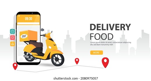 Online food ordering. Vector concept illustration of mobile smartphone screen with delivery courier with food. Represents a concept of online food ordering.