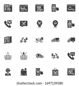 Online food ordering vector icons set, modern solid symbol collection, filled style pictogram pack. Signs, logo illustration. Set includes icons as mobile shopping, delivery tracking, 24 hours service